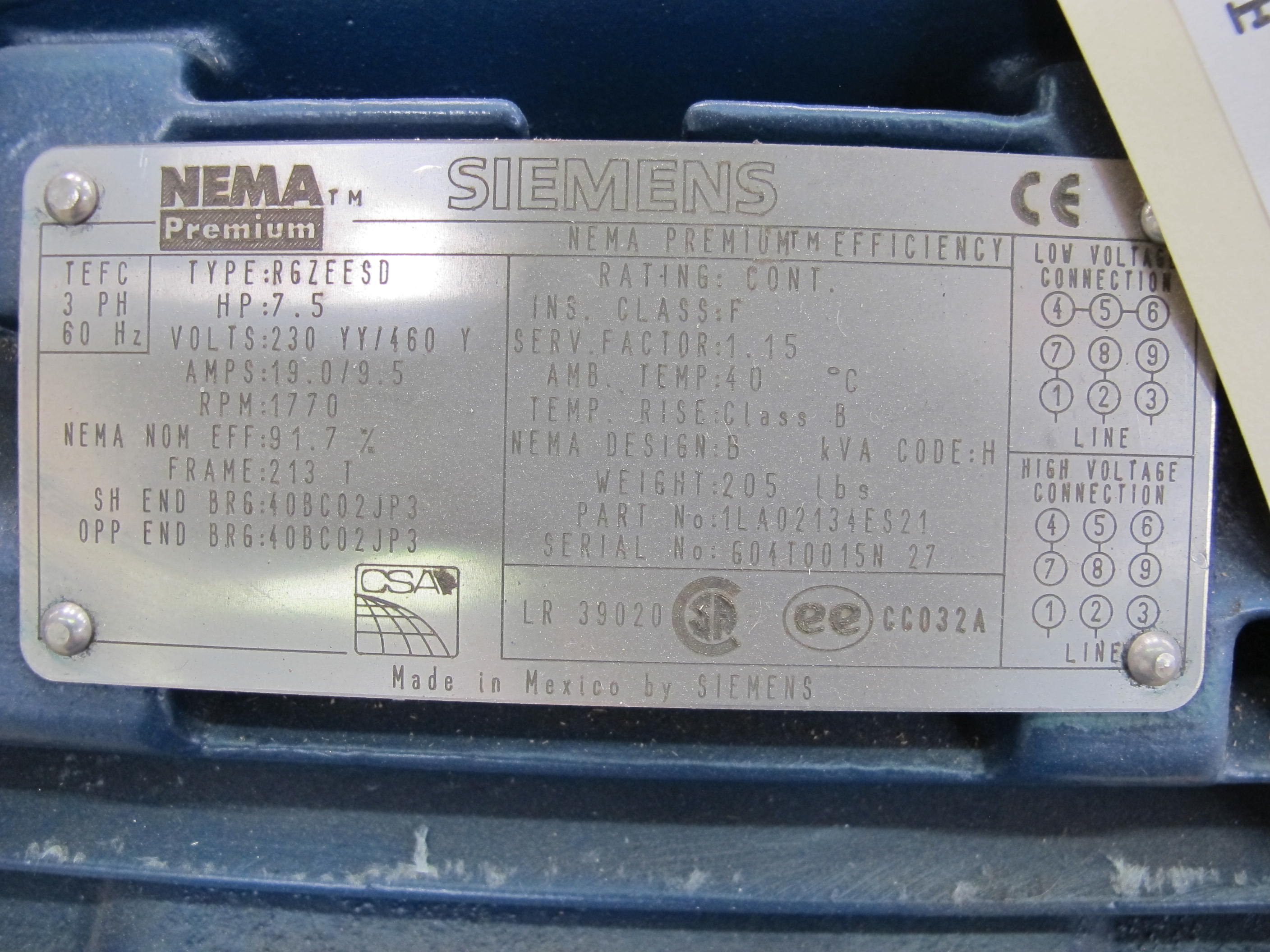 LOT (2) MOTORS, ELECTRIC TYPE, 7.5 HORSEPOWER, 230/460 ELEC RATING, 1800 RPM, 213T FRAME, 9.5 AMPS, TEFC ENCLOSURE, CONTINUOUS DUTY, 1.15 SERVICE FACTOR, 1.375" DIA SHAFT. MOTOR MODEL TYPE RGZEESD 75W, 120V SPACE HEATER. PART # HNH01531LA02134ES21 (W-44) LOADING & HANDLING FEE $15-